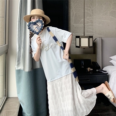 韩系下摆网纱拼接连衣裙女夏季2025新款宽松松弛感漂亮鱼尾长裙子，女装连衣裙，2C353