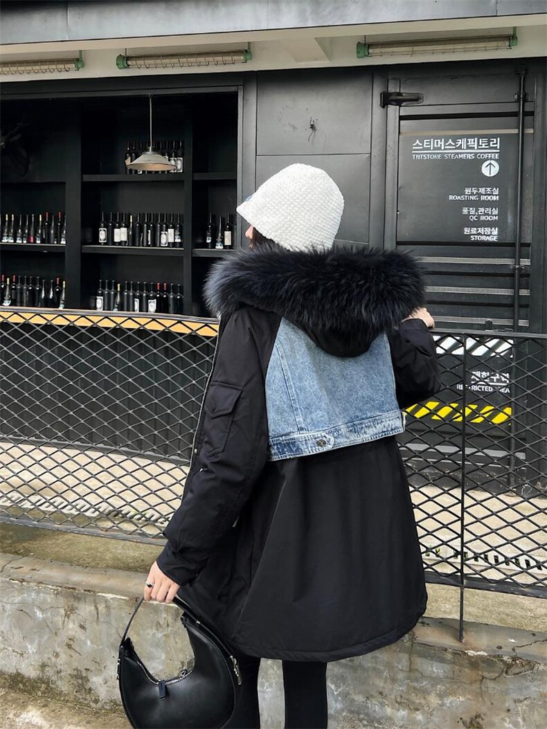 2021年冬装牛仔拼接羽绒服，时尚潮流。，女装羽绒服，非布可衣