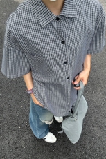 格子衬衫春夏美式短袖衬衫港风情侣装休闲衬衣CS286-P30，男装T恤，星座301C-5