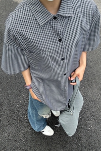 格子衬衫春夏美式短袖衬衫港风情侣装休闲衬衣 CS286-P30图片