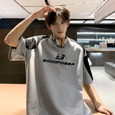 黑白拼接字母潮牌短袖t恤男夏季美式高街重磅条纹小领口五分半袖，男装T恤，星座601-1