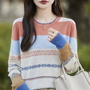 100%纯棉撞色条纹长袖针织衫女韩系圆领时尚内搭彩条毛衣棉线上衣图片