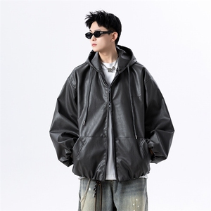 春季新款港风日复古连帽皮衣夹克外套男潮 XZ213-JK5000-P88控118图片