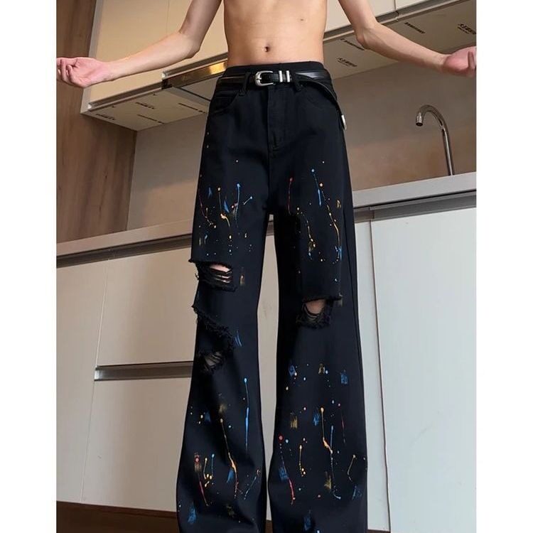 黑色泼墨破洞牛仔裤男夏季美式潮牌提档微喇裤直筒阔腿高腰长裤子,男装牛仔裤,星座1210-1
