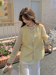 高端亚麻提花刺绣国风马甲女2025春夏新款高级感气质上衣钉珠衬衫图片
