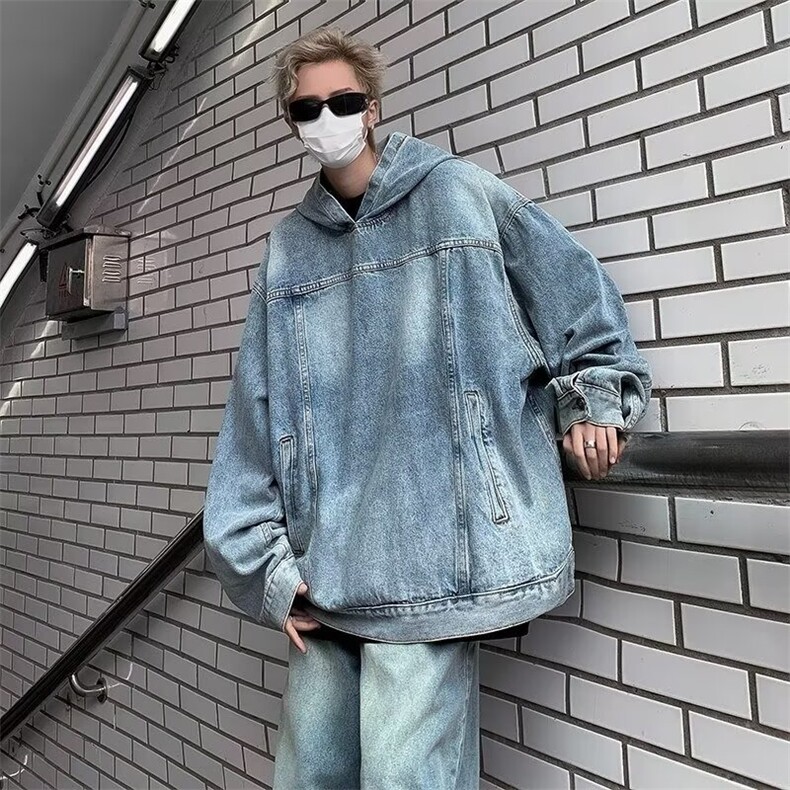 做旧水洗连帽牛仔卫衣男女秋季美式复古宽松情侣外套JK308-P65，女装短外套，星座208-5