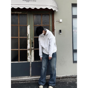 水洗深蓝色微喇牛仔裤男闪电纹牛仔裤直筒裤子男N62-P48图片