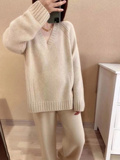 秋冬纯色V领长袖羊毛针织衫女韩版宽松时尚百搭上衣，女装羊毛衫，恩泰羊绒