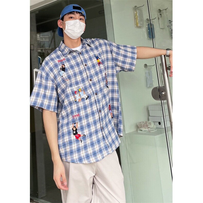 美式复古任务格子刺绣短袖衬衫男女潮夏季宽松百搭情侣衬衣慵懒风,男装T恤,星座601-1