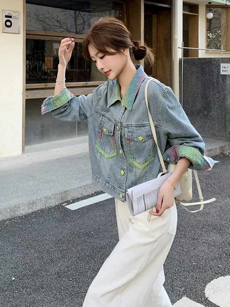 促销2025春季时髦休闲潮流气质宽松百搭彩色翻领单排扣牛仔短外套,女装牛仔外套,蝶眷