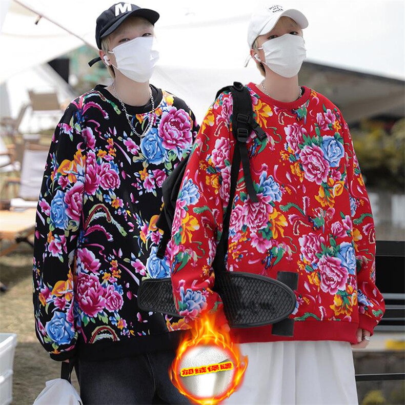B203冬新套头圆领东北大花风民族特色加绒保暖卫衣小衫男女潮图片