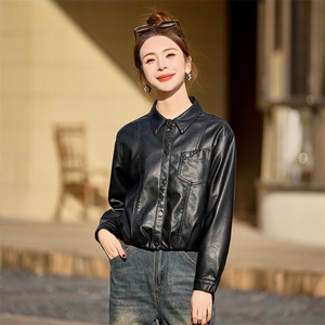 短款长袖方领POLO领常规立领皮衣上衣皮夹克女装春秋显瘦短款休闲图片