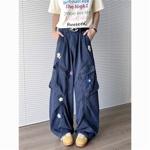 美式复古花朵刺绣工装裤女2025年春季设计感多口袋休闲阔腿牛仔裤图片