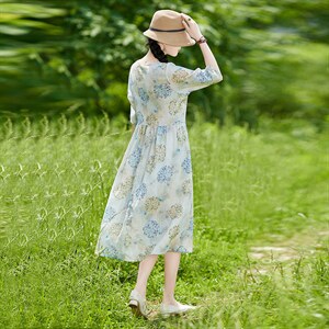v领短袖中长款苎麻连衣裙2022年夏装新款透气舒适凉爽文艺民族风，女装连衣裙，辉之琳