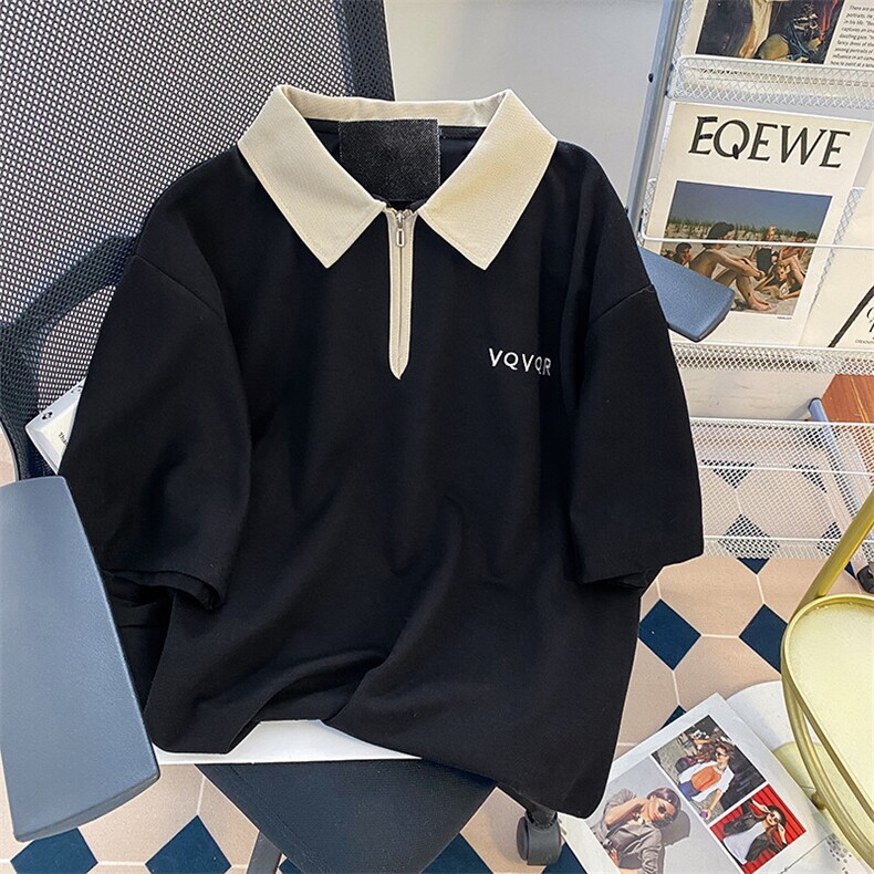 纯棉后包领抖音天猫品质POLO领拉链男女情侣短袖T恤宽松TT035-45,男装T恤,星座911-3