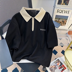 纯棉后包领抖音天猫品质POLO领拉链男女情侣短袖T恤宽松TT035-45，男装T恤，星座911-3
