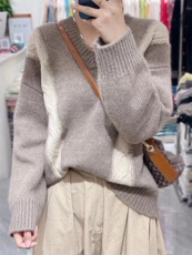 羊毛衫女款2024秋冬新款时尚毛衣宽松慵懒风撞色拼接，女装羊毛衫，思途羊绒