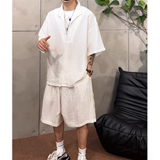 老钱风穿搭天丝亚麻男士套装夏季薄款黑色假两件短袖衬衫短裤一套，男装休闲套装，电商D206-1