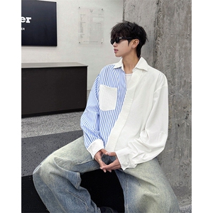 春夏新款韩系拼接条纹衬衫男宽松V领休闲长袖衬衫打底潮流衬衫P49图片