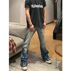 现货美式高街vibe风夏季破洞牛仔裤男直筒微喇显瘦裤子N2549-p50，男装牛仔裤，星座1008