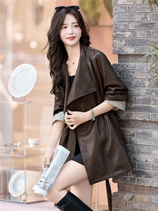 飒美气质大翻领皮衣风衣女2025秋季新款中长款收腰显瘦高级感外套图片