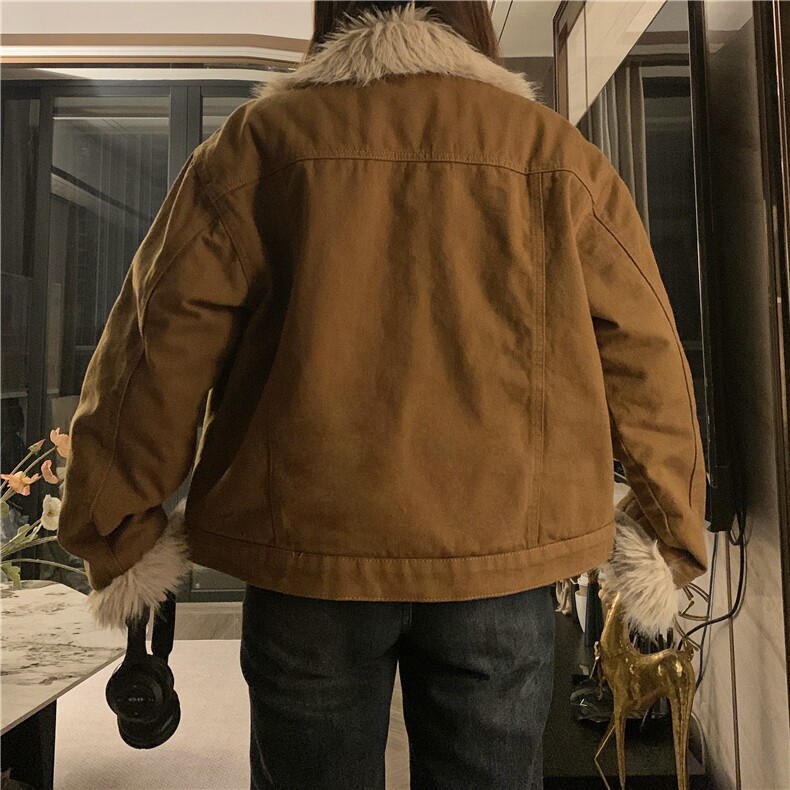 复古羊羔毛牛仔外套女羊羔绒宽松加绒棉衣休闲冬款棉服C652-130,男装工装外套,星座911-2(原星座613-2）