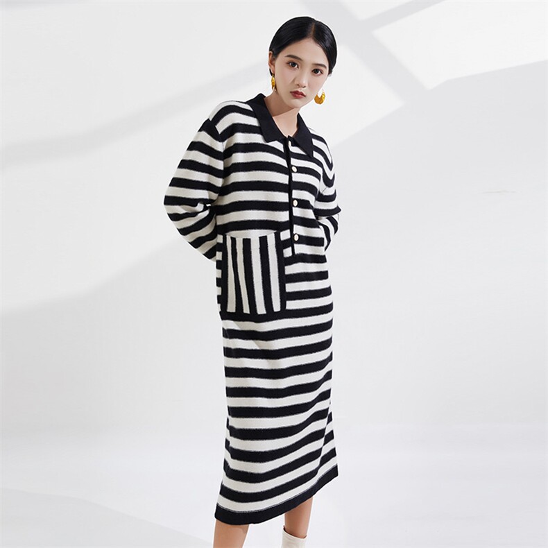 秋冬季羊绒横条纹POLO领个性长款连衣裙，女装连衣裙，恒爱羊绒