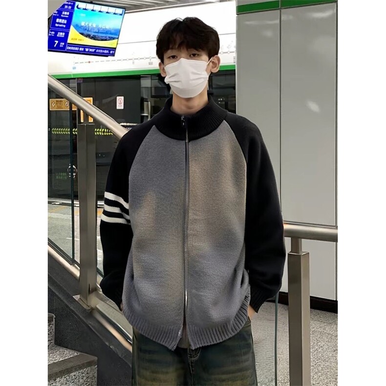 重磅秋冬北极绒开衫毛衣美式复古休闲慵懒风撞色立领针织衫外套，男装针织衫/毛衣，电商A486-1