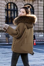 棉衣/棉服2021新款冬兔毛中长款拼接翻袖工装带帽派克服女外套，女装派克服，瑶迪依秀