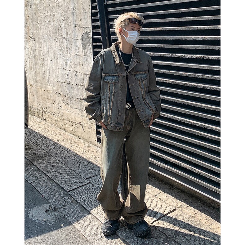 牛仔套装男韩版潮流高街帅痞子个性2023冬季ins两件套W5507-P110,男装休闲套装,星座412-2