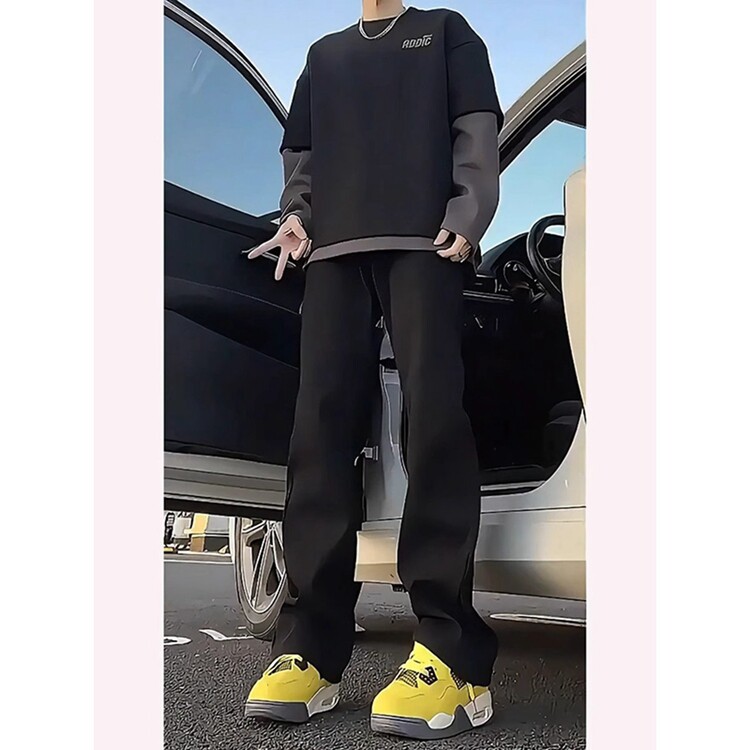 黑色柳叶弯刀牛仔裤男裤子加绒美式vibe直筒显瘦微喇裤,男装牛仔裤,星座218-8