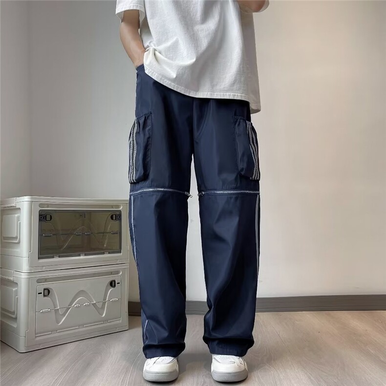 23年穿搭休闲男女情侣可拆卸短裤两穿反光条美式阔腿裤子直筒显瘦,男装休闲裤,星座601-2