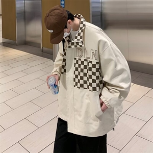 春季棋盘格拼接外套男ins潮牌高街复古工装夹克潮流宽松上衣K1965图片