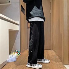 嘻哈侧边棋盘格拼接牛仔裤男水洗休闲直筒宽松阔腿裤潮N7930-p45，男装牛仔裤，星座1008
