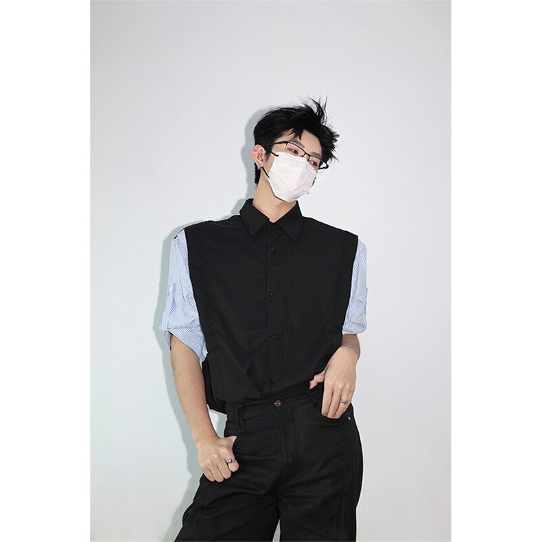 明星私服假两件宽松拼接飞肩设计感假两件条纹短袖衬衫卫衣特P39,男装衬衫,电商B319