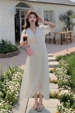 刺绣连衣裙夏季法式粉色碎花裙小众泡泡袖甜美长裙显瘦气质复古，女装连衣裙，浙宝208A