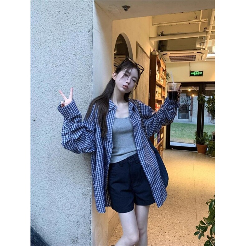 TC660-p45蓝色格子条纹长袖衬衫女2026春秋新款慵懒风衬衣,女装衬衫,星座617A-2
