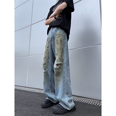 美式复古牛仔裤男款夏季破洞设计感高街扎染水洗裤子XK350-P50，男装牛仔裤，星座1001-1