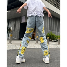 美式街头hiphop补丁刺绣破洞牛仔裤男士小众裤A068-KXSK126-TP80，男装牛仔裤，电商A068