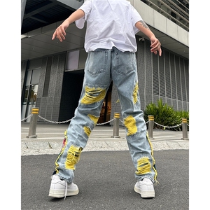 美式街头hiphop补丁刺绣破洞牛仔裤男士小众裤A068-KXSK126-TP80图片