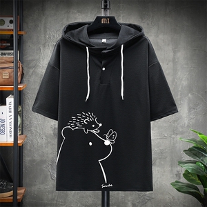 LD54166-P45 连帽短袖t恤男大码胖子带帽五分袖中袖 展架图片