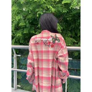 粉红色格子控衬衫男生美式复古痞帅高级感格纹衬衣长袖 C268图片