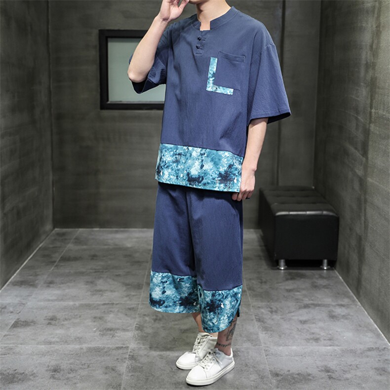2021夏新拼接亚麻休闲大码boy口袋装饰黑洞风短袖套装TZ003-P70,男装休闲套装,电商A082