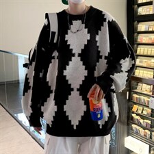 2023秋冬新款菱形格套头毛衣男宽松圆领撞色针织衫M640-P42，男装针织衫/毛衣，星座512-2