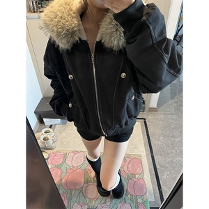 现货重磅boxy短款棉衣座山雕大毛毛领男女棉服水洗工装厚外套图片