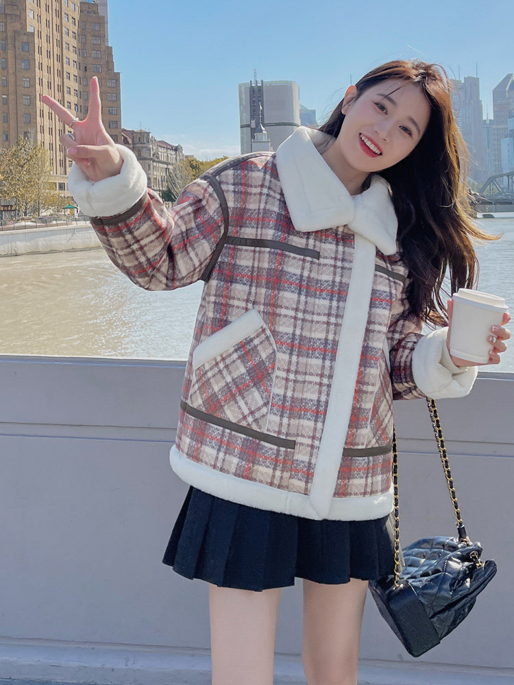 现货数据25年新款格子火焰复合皮毛一体外套女182A-8328P190K268,女装皮草,浙宝182A