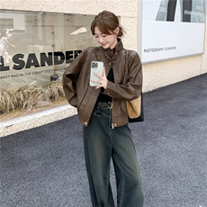 美拉德咖色复古皮衣外套女2025秋季美式设计感宽松机车服淡人夹克，女装皮衣，2C325