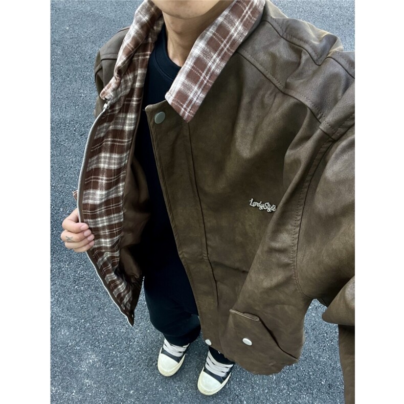 现货 自家图放心上 美式复古皮衣外套男拼接棒球服807-3-JK81-P90图片