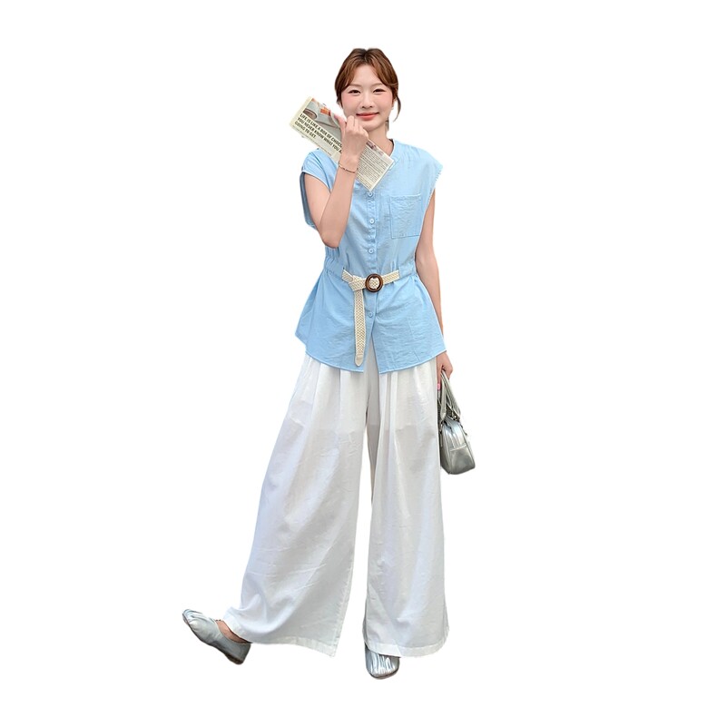 高级小众穿搭韩系chic蓝色无袖套装女夏超火好看白色阔腿裤两件套,女装套装/套裙,2D078