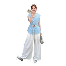 高级小众穿搭韩系chic蓝色无袖套装女夏超火好看白色阔腿裤两件套，女装套装/套裙，2D078